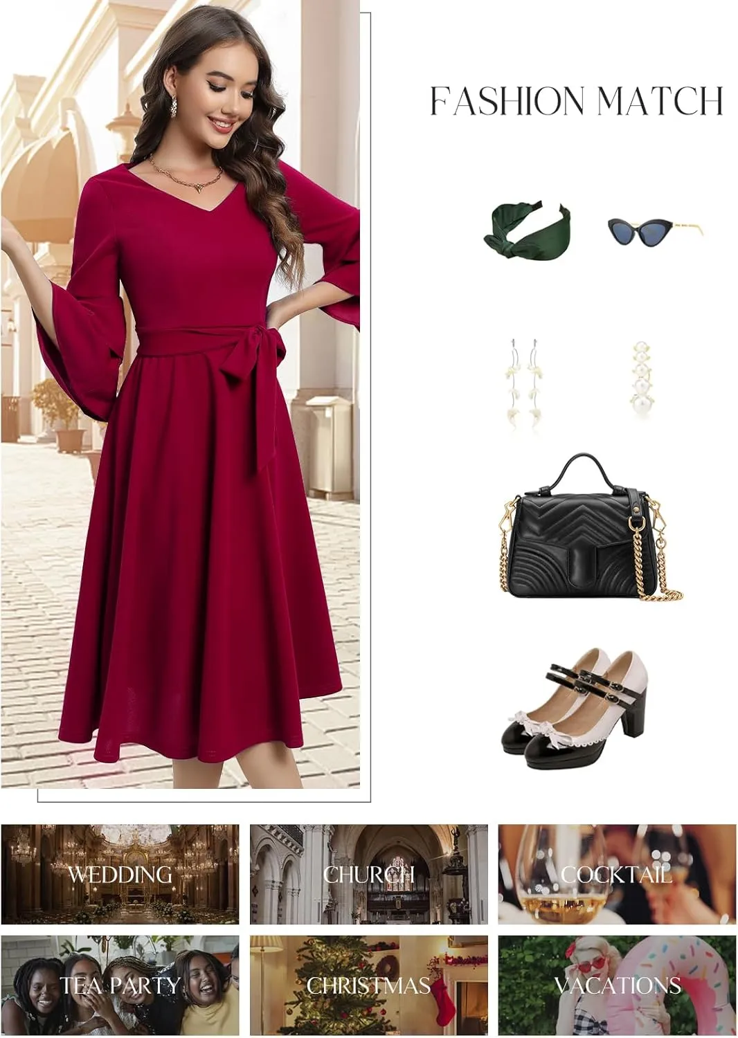 DRESSTELLS Cocktail Dress 2025, Long Bell Sleeves & V-Neck, Formal Bridesmaid Prom Dresses for Party