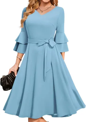 DRESSTELLS Cocktail Dress 2025, Long Bell Sleeves & V-Neck, Formal Bridesmaid Prom Dresses for Party
