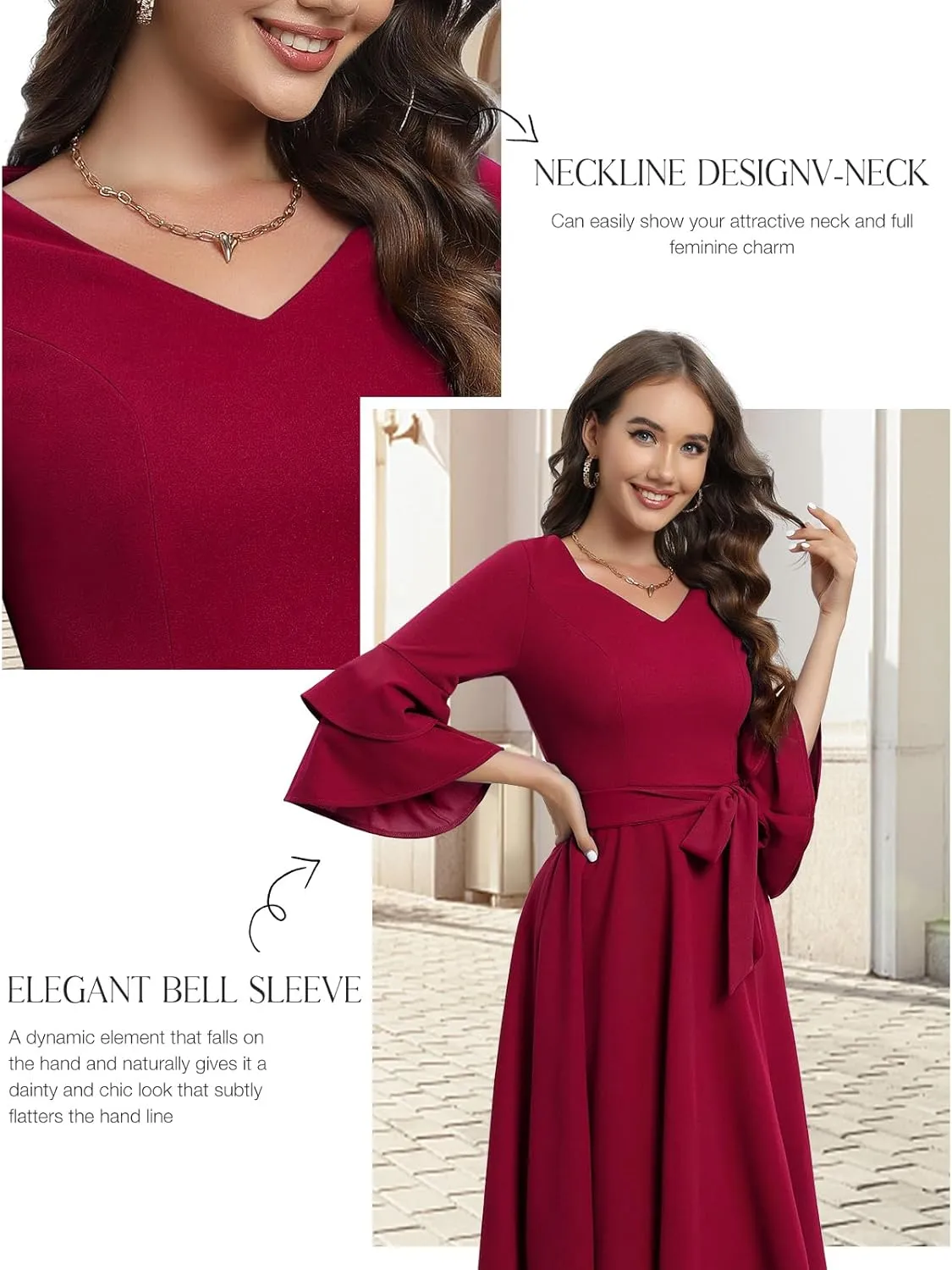 DRESSTELLS Cocktail Dress 2025, Long Bell Sleeves & V-Neck, Formal Bridesmaid Prom Dresses for Party