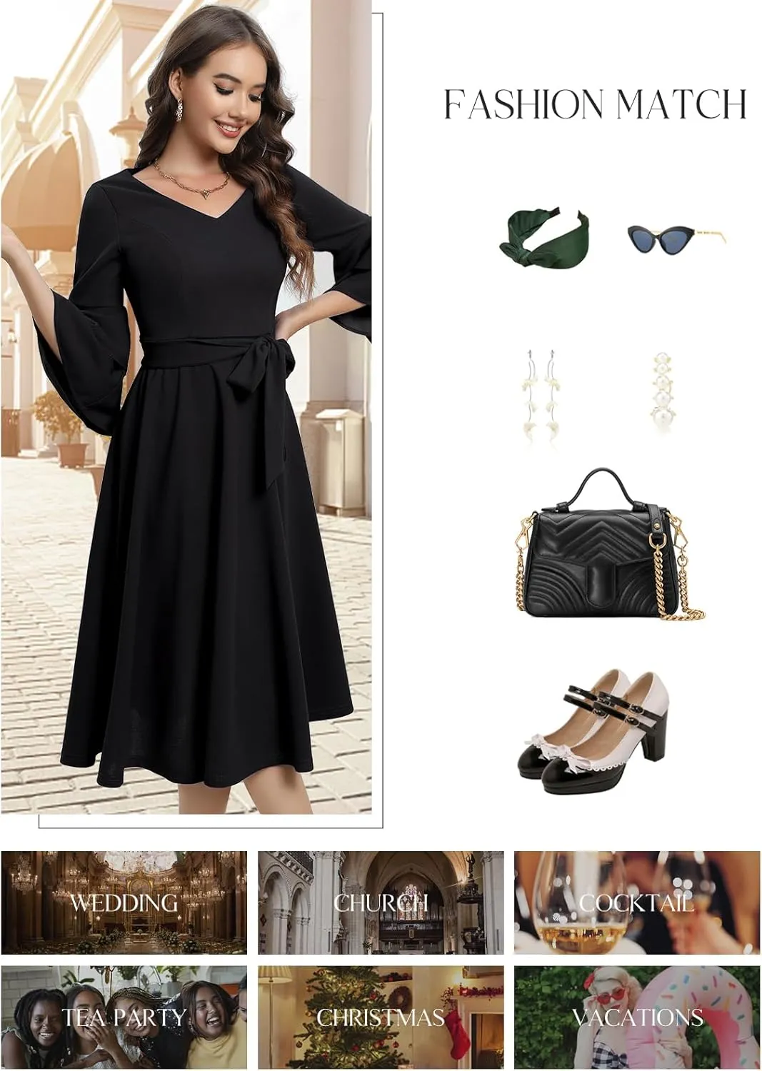 DRESSTELLS Cocktail Dress 2025, Long Bell Sleeves & V-Neck, Formal Bridesmaid Prom Dresses for Party