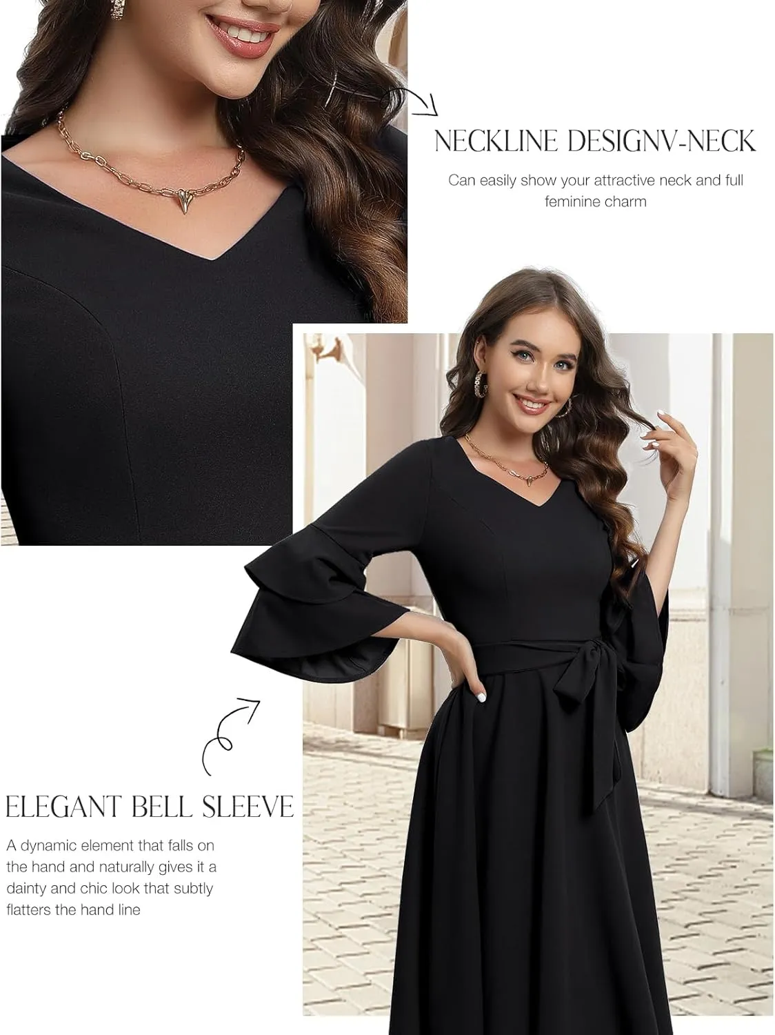 DRESSTELLS Cocktail Dress 2025, Long Bell Sleeves & V-Neck, Formal Bridesmaid Prom Dresses for Party