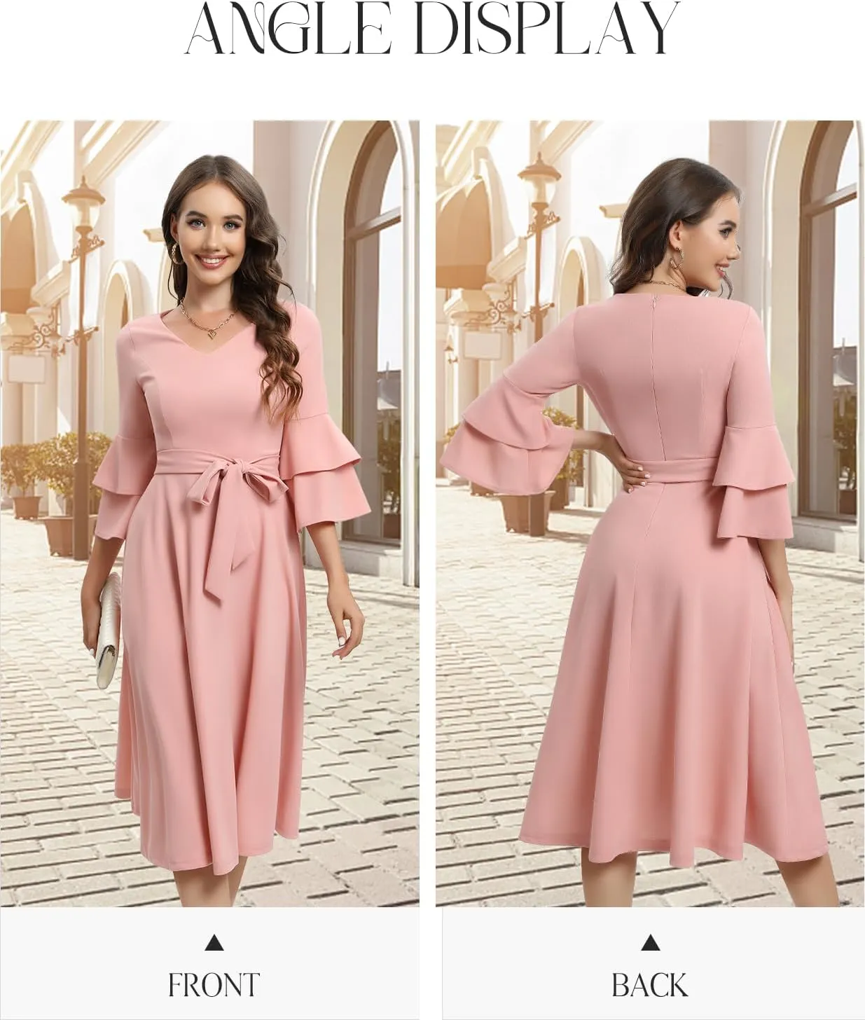 DRESSTELLS Cocktail Dress 2025, Long Bell Sleeves & V-Neck, Formal Bridesmaid Prom Dresses for Party