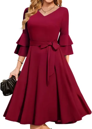 DRESSTELLS Cocktail Dress 2025, Long Bell Sleeves & V-Neck, Formal Bridesmaid Prom Dresses for Party