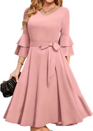 DRESSTELLS Cocktail Dress 2025, Long Bell Sleeves & V-Neck, Formal Bridesmaid Prom Dresses for Party