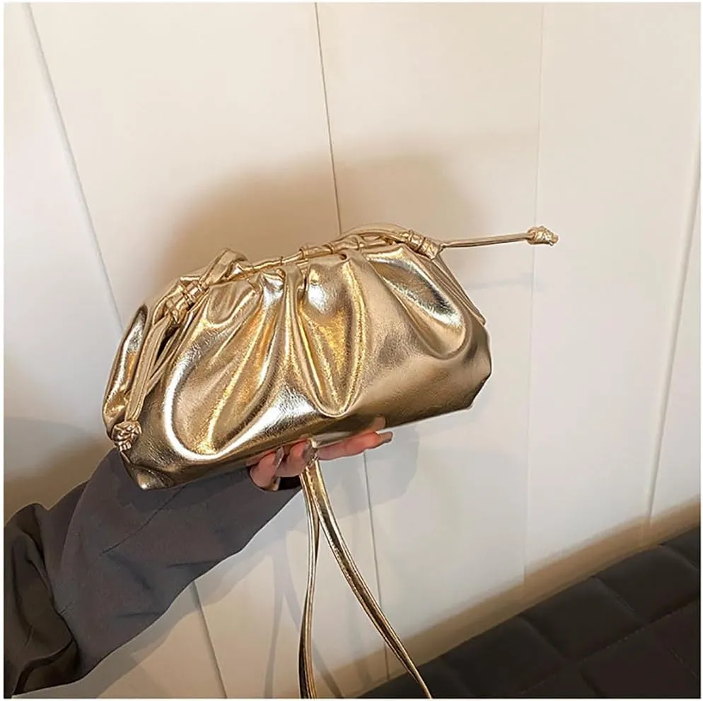 Dressy Vegan Leather Metallic Ruched Clutch Purse for Women Pleated Evening Bag for Wedding Party Prom