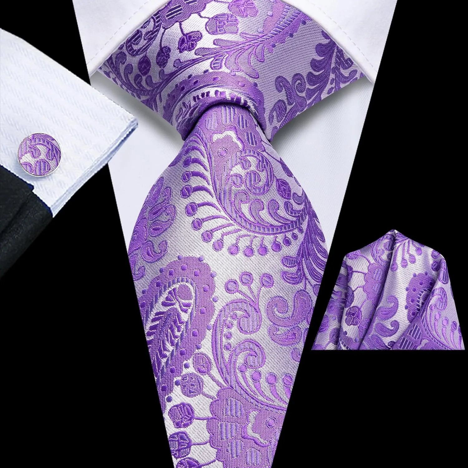Dubulle Mens Paisley Floral Silk Tie for Men Striped Necktie and Pocket Square Cufflinks Set Wedding Business