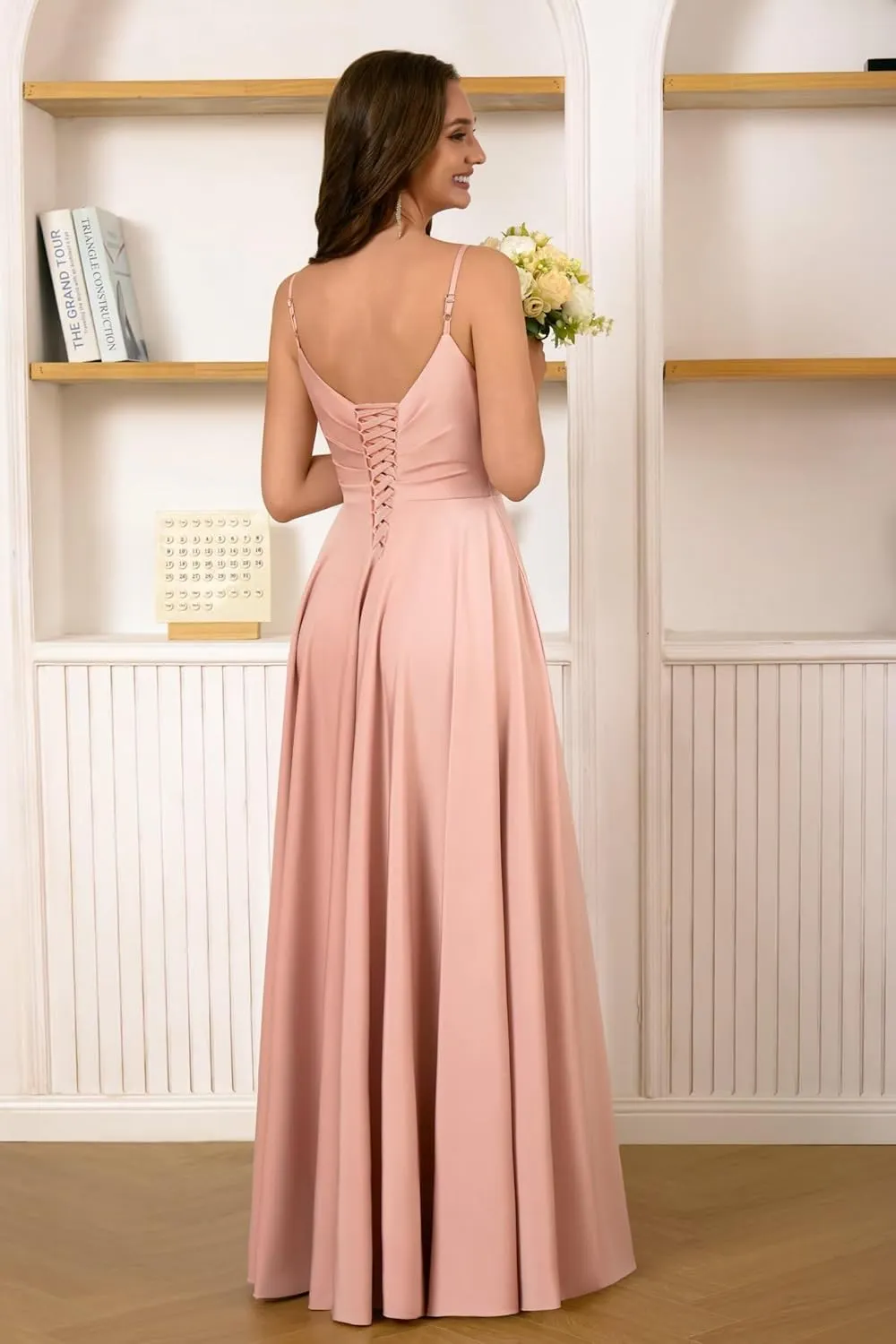 Dymaisei Satin Bridesmaid Dresses Spaghetti Straps V Neck Prom Dresses A Line Formal Party Dress with Slit
