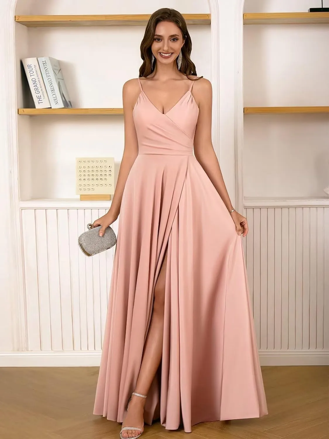 Dymaisei Satin Bridesmaid Dresses Spaghetti Straps V Neck Prom Dresses A Line Formal Party Dress with Slit