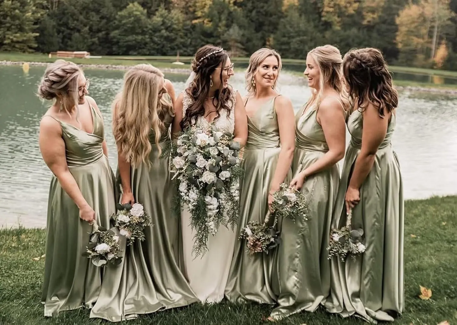 Dymaisei Satin Bridesmaid Dresses Spaghetti Straps V Neck Prom Dresses A Line Formal Party Dress with Slit