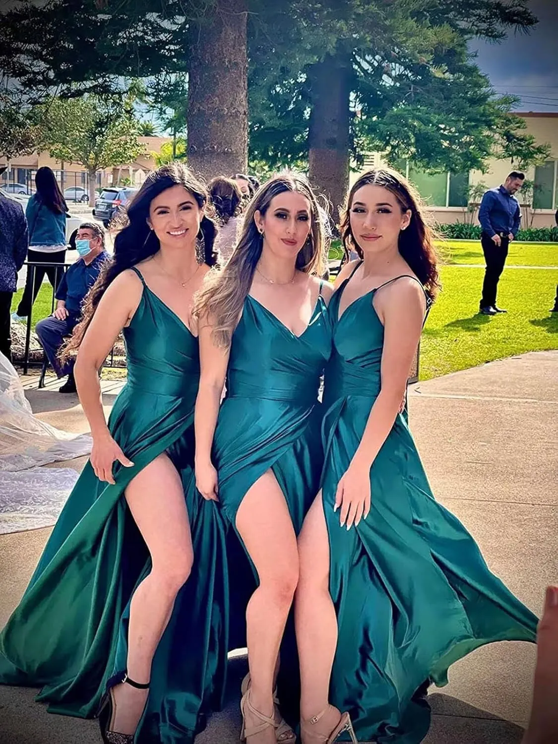 Dymaisei Satin Bridesmaid Dresses Spaghetti Straps V Neck Prom Dresses A Line Formal Party Dress with Slit