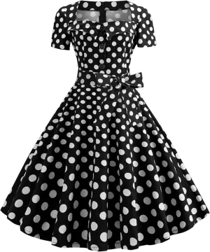 EFOFEI Women's Audrey Hepburn Style Dress Polka Dot Short Sleeve Cocktail Dress Vintage Elegant Dress with Belt