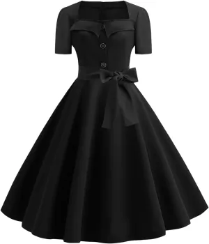 EFOFEI Women's Audrey Hepburn Style Dress Polka Dot Short Sleeve Cocktail Dress Vintage Elegant Dress with Belt