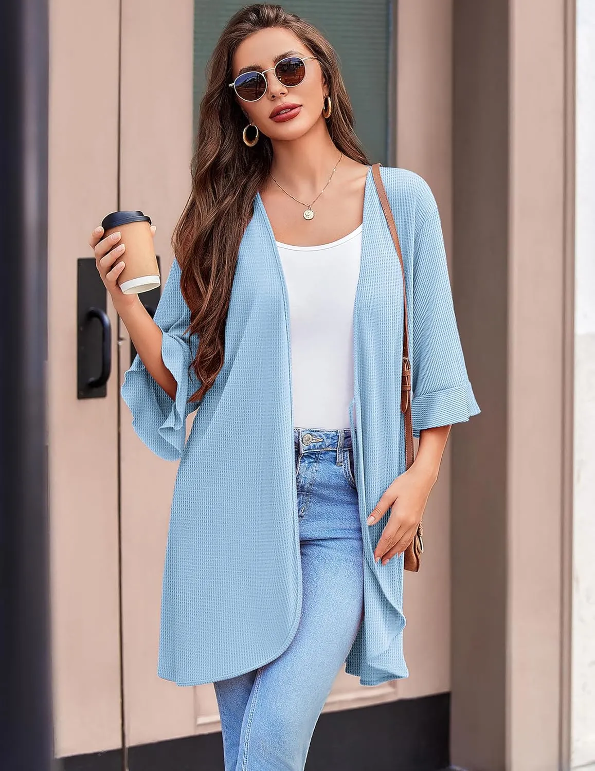 Ekouaer Women Waffle Robes 3/4 Sleeve Ruffle Knit Bathrobe Soft Lightweight Knee Length Robe Loungewear S-XXL