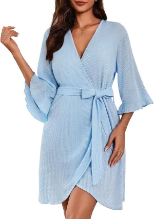 Ekouaer Women Waffle Robes 3/4 Sleeve Ruffle Knit Bathrobe Soft Lightweight Knee Length Robe Loungewear S-XXL