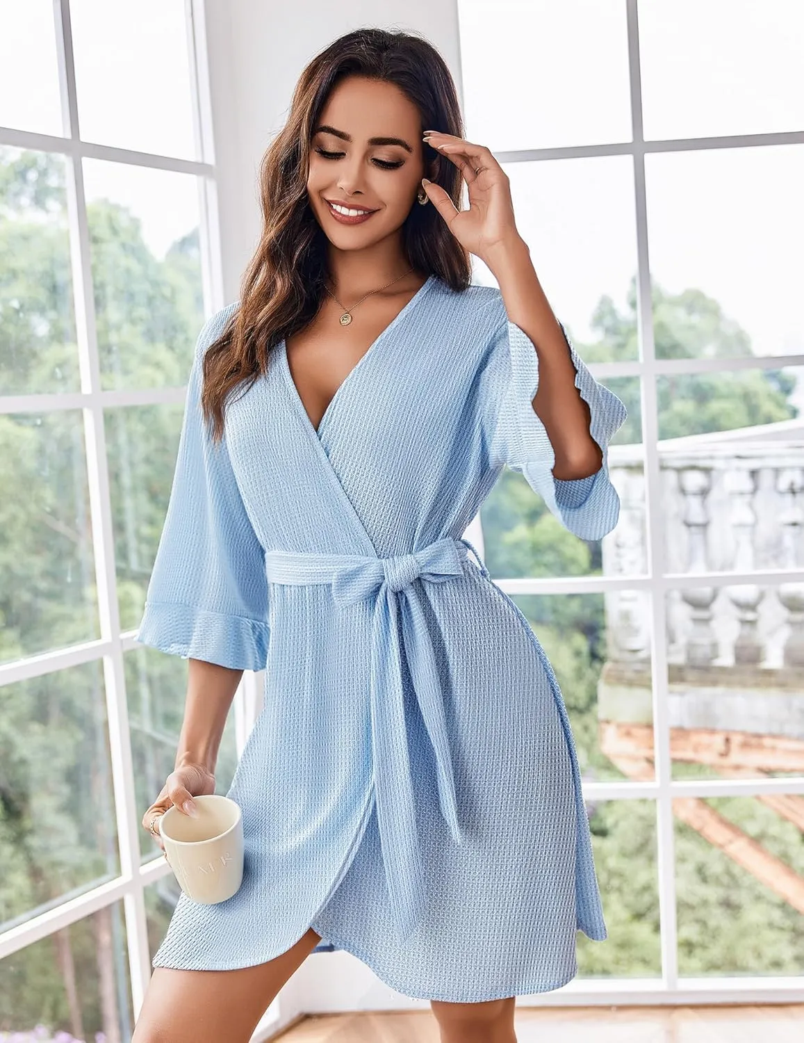 Ekouaer Women Waffle Robes 3/4 Sleeve Ruffle Knit Bathrobe Soft Lightweight Knee Length Robe Loungewear S-XXL