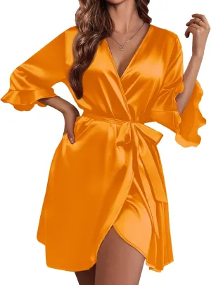 Ekouaer Women's Satin Robe Valentines Lingerie for Women Kimono Bathrobe Short Ruffle Belted Robes Bridesmaids Sleepwear