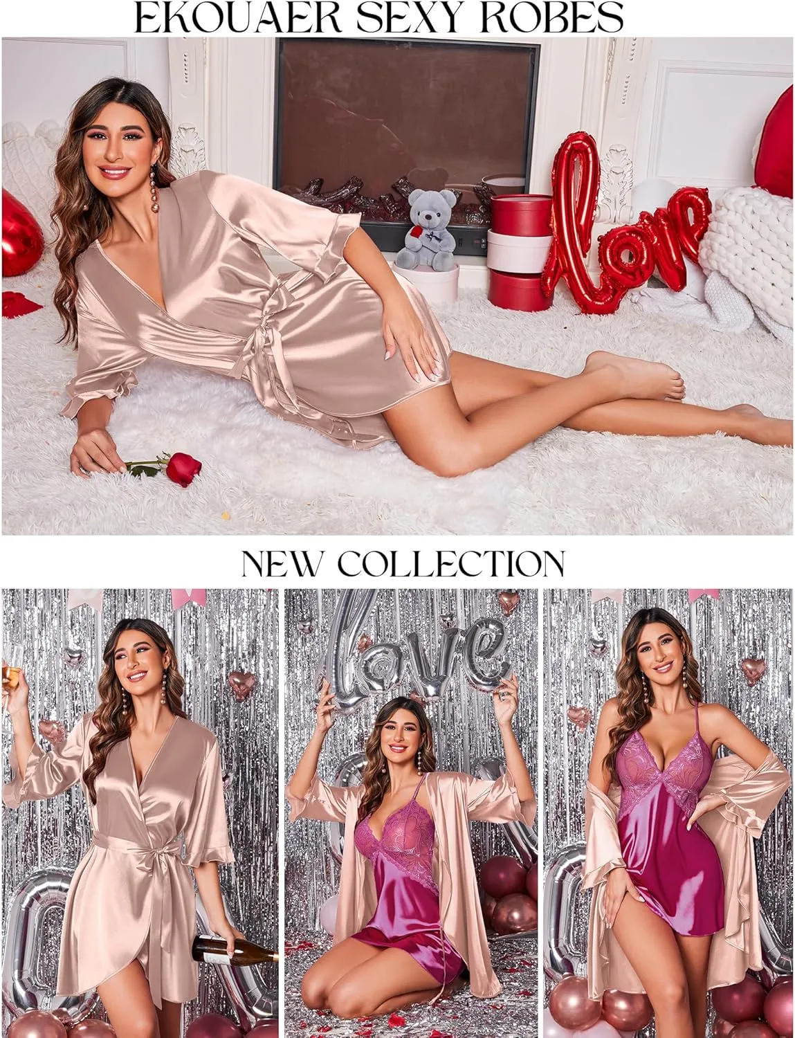 Ekouaer Women's Satin Robe Valentines Lingerie for Women Kimono Bathrobe Short Ruffle Belted Robes Bridesmaids Sleepwear