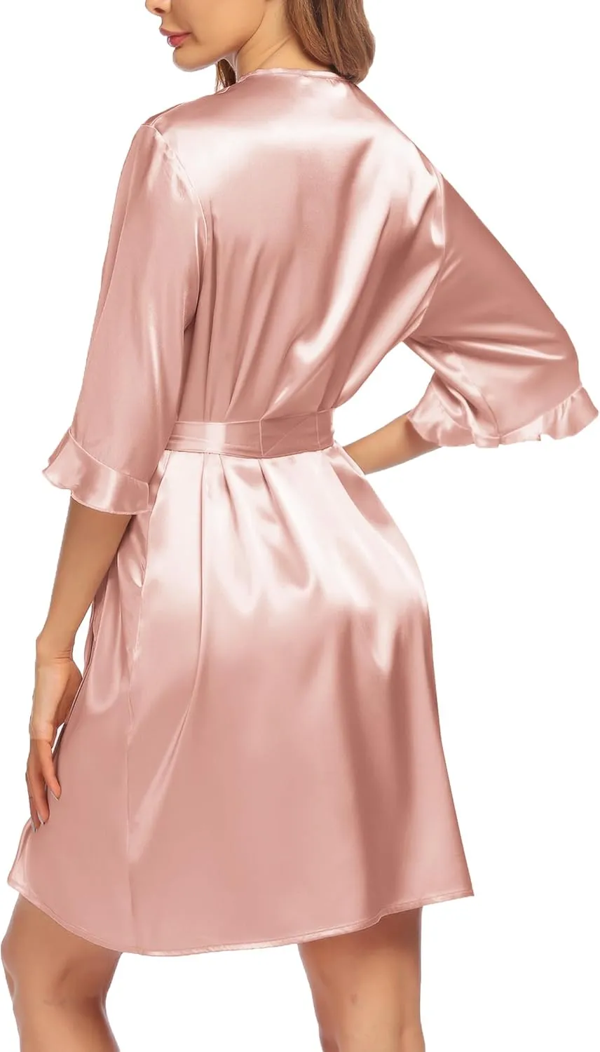 Ekouaer Women's Satin Robe Valentines Lingerie for Women Kimono Bathrobe Short Ruffle Belted Robes Bridesmaids Sleepwear