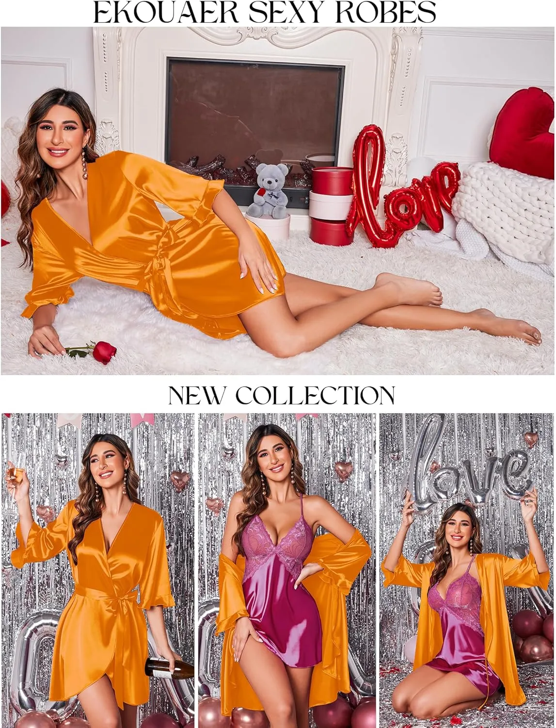 Ekouaer Women's Satin Robe Valentines Lingerie for Women Kimono Bathrobe Short Ruffle Belted Robes Bridesmaids Sleepwear