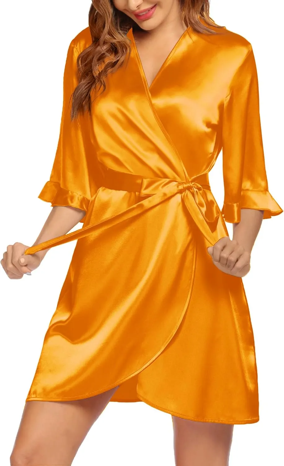 Ekouaer Women's Satin Robe Valentines Lingerie for Women Kimono Bathrobe Short Ruffle Belted Robes Bridesmaids Sleepwear