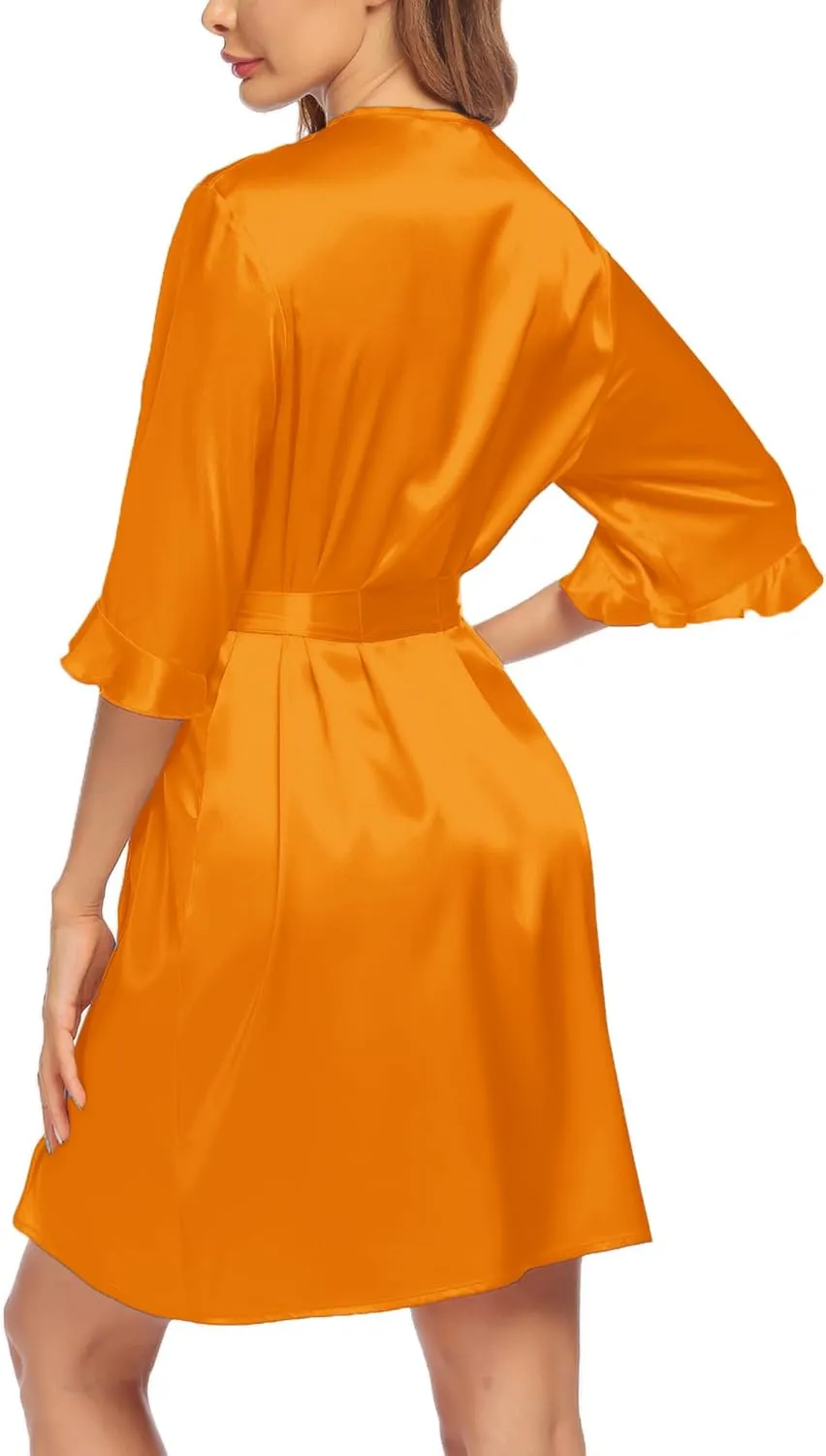 Ekouaer Women's Satin Robe Valentines Lingerie for Women Kimono Bathrobe Short Ruffle Belted Robes Bridesmaids Sleepwear