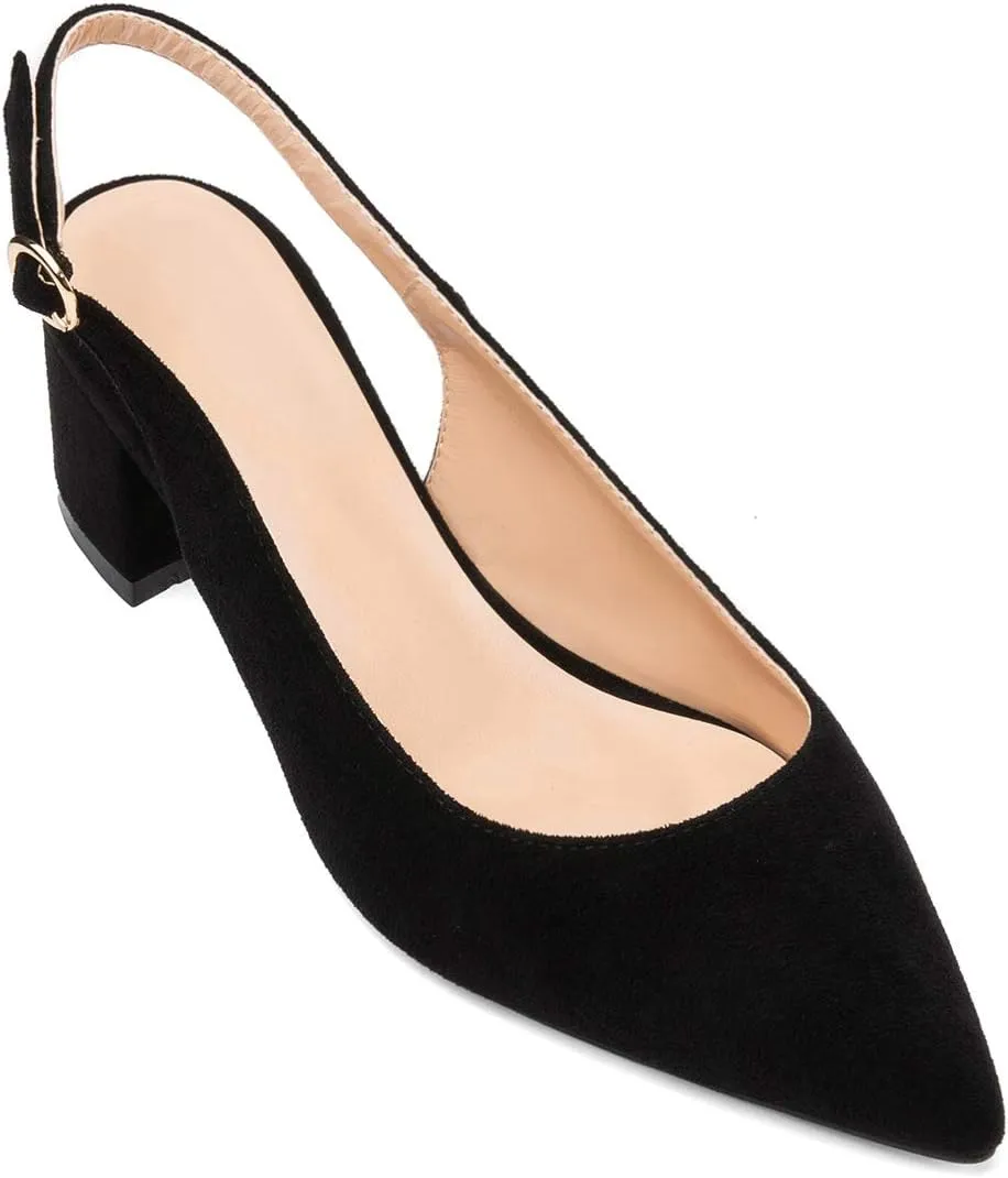 Eldof Pointed Toe Pumps, Block Heel Slingback with Bukles, Classic 2" Low Heel for Wedding Party Office Work US5-US13