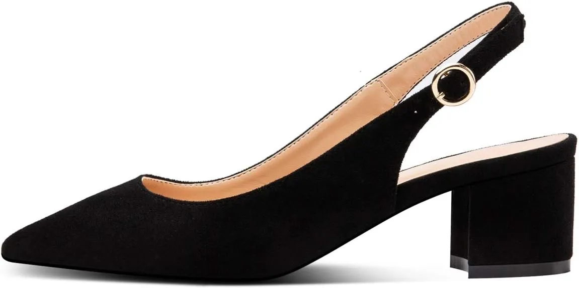 Eldof Pointed Toe Pumps, Block Heel Slingback with Bukles, Classic 2" Low Heel for Wedding Party Office Work US5-US13