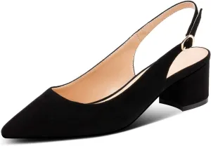 Eldof Pointed Toe Pumps, Block Heel Slingback with Bukles, Classic 2" Low Heel for Wedding Party Office Work US5-US13