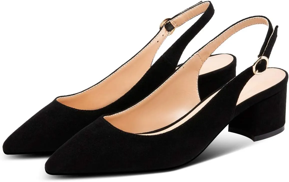 Eldof Pointed Toe Pumps, Block Heel Slingback with Bukles, Classic 2" Low Heel for Wedding Party Office Work US5-US13
