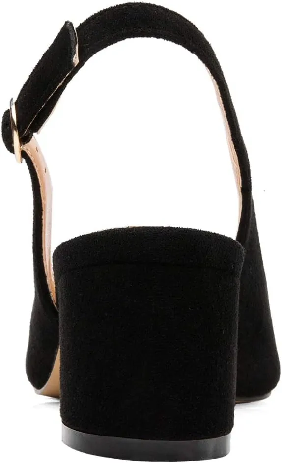 Eldof Pointed Toe Pumps, Block Heel Slingback with Bukles, Classic 2" Low Heel for Wedding Party Office Work US5-US13