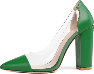 Eldof Women's 100mm Pointed Toe Clear Pumps Block Heels Pumps Party Wedding Dress Shoes