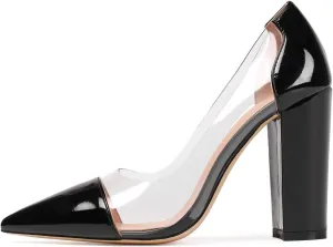 Eldof Women's 100mm Pointed Toe Clear Pumps Block Heels Pumps Party Wedding Dress Shoes
