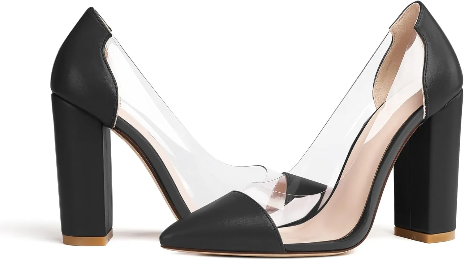 Eldof Women's 100mm Pointed Toe Clear Pumps Block Heels Pumps Party Wedding Dress Shoes