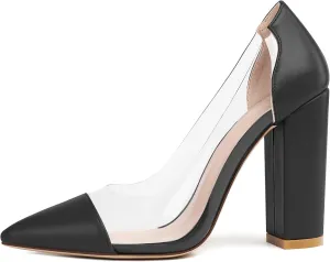 Eldof Women's 100mm Pointed Toe Clear Pumps Block Heels Pumps Party Wedding Dress Shoes