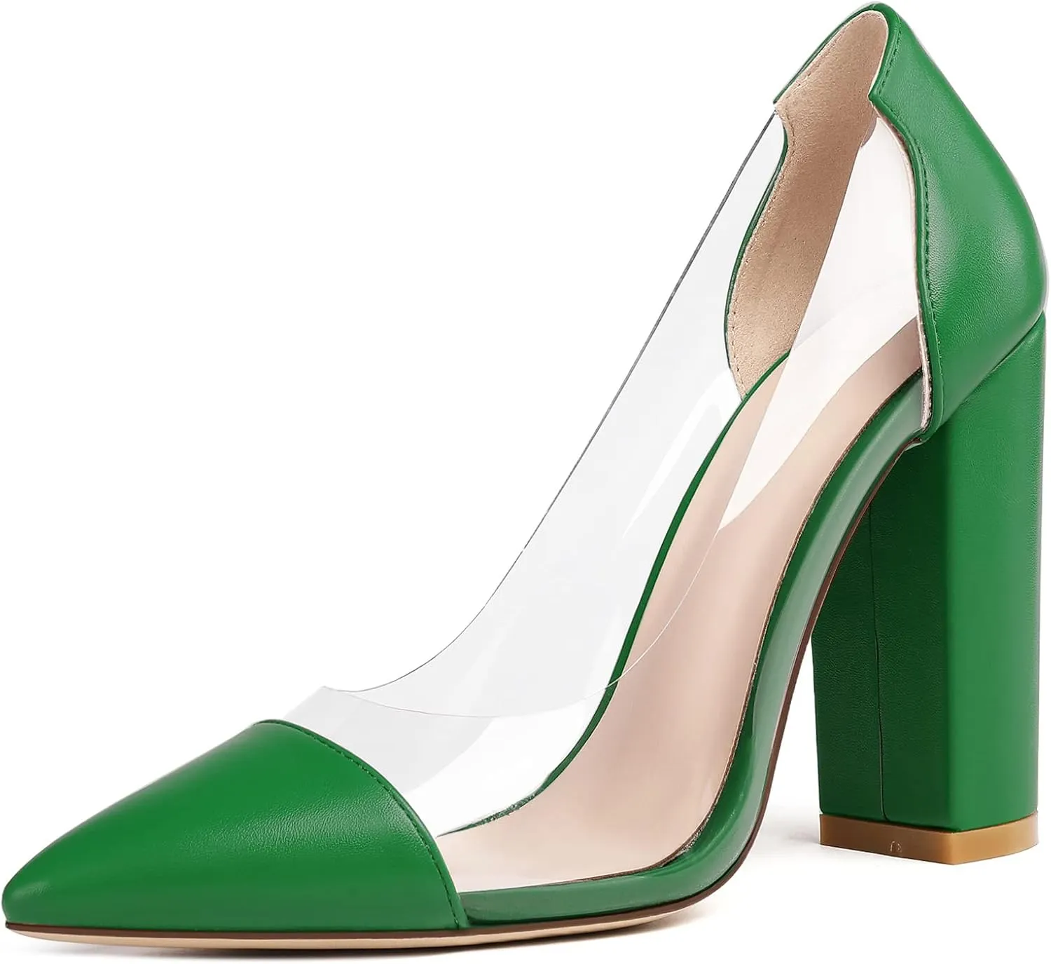 Eldof Women's 100mm Pointed Toe Clear Pumps Block Heels Pumps Party Wedding Dress Shoes