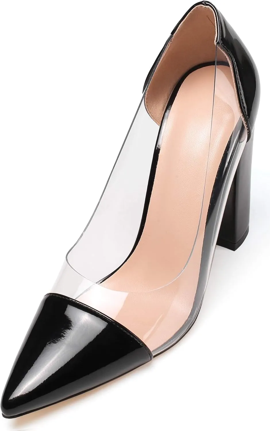 Eldof Women's 100mm Pointed Toe Clear Pumps Block Heels Pumps Party Wedding Dress Shoes