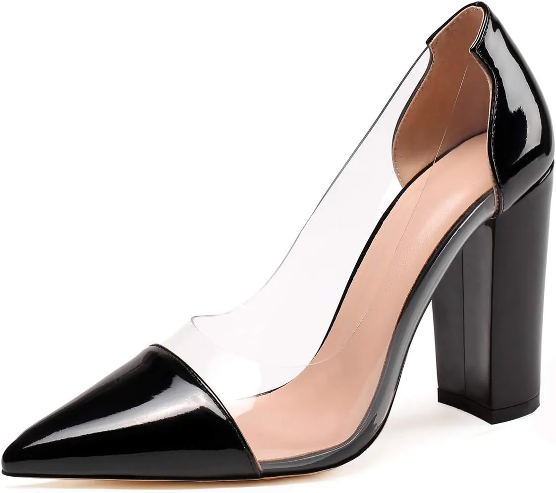 Eldof Women's 100mm Pointed Toe Clear Pumps Block Heels Pumps Party Wedding Dress Shoes