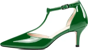 Eldof Womens Kitten Heel Pumps T-Strap Ankle Buckle Pumps2.6 Pointed Toe Classic Office Dress Heels