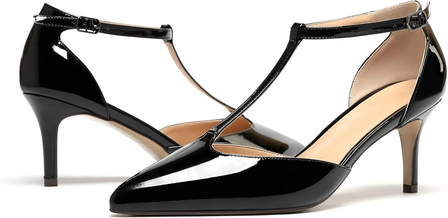 Eldof Womens Kitten Heel Pumps T-Strap Ankle Buckle Pumps2.6 Pointed Toe Classic Office Dress Heels