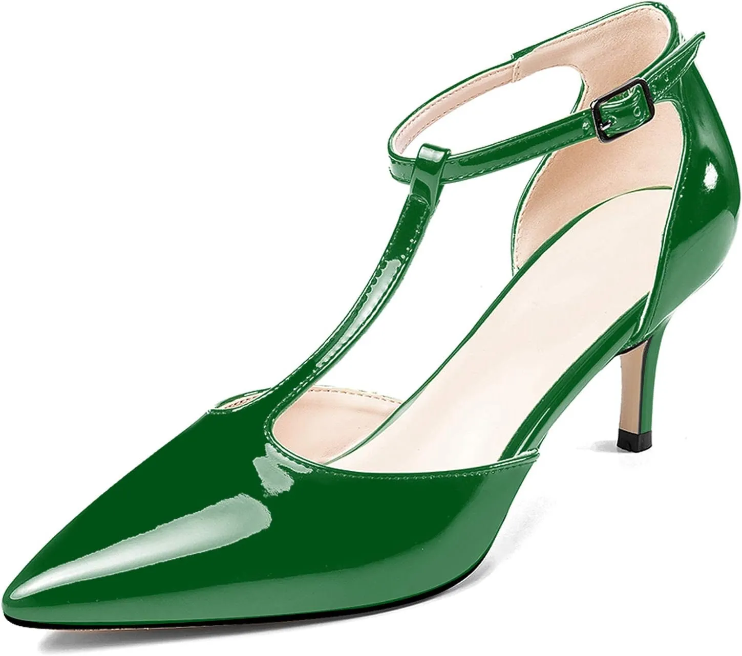Eldof Womens Kitten Heel Pumps T-Strap Ankle Buckle Pumps2.6 Pointed Toe Classic Office Dress Heels