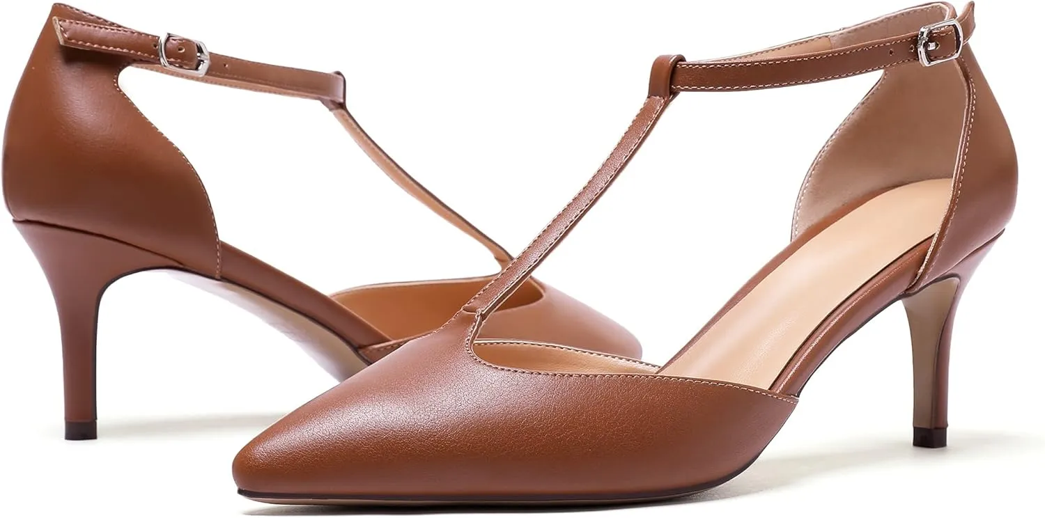 Eldof Womens Kitten Heel Pumps T-Strap Ankle Buckle Pumps2.6 Pointed Toe Classic Office Dress Heels