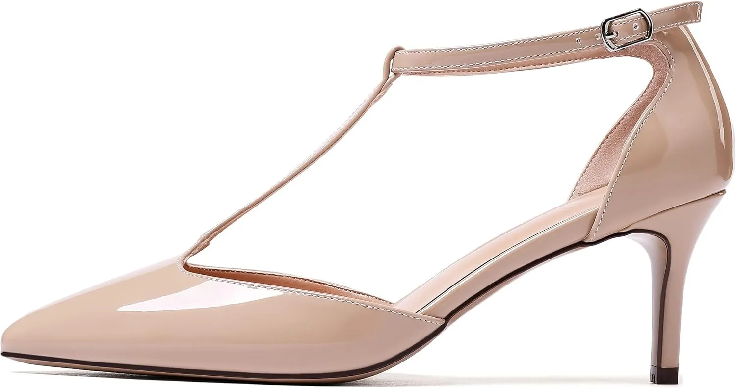 Eldof Womens Kitten Heel Pumps T-Strap Ankle Buckle Pumps2.6 Pointed Toe Classic Office Dress Heels