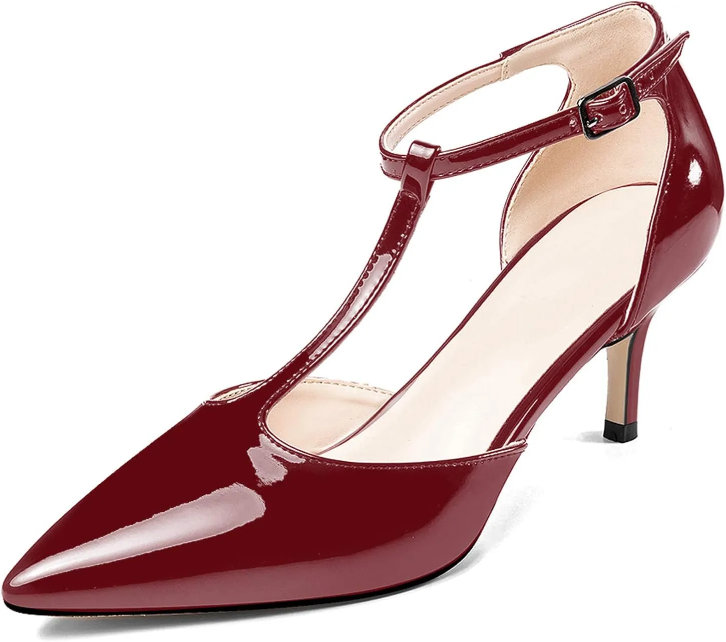 Eldof Womens Kitten Heel Pumps T-Strap Ankle Buckle Pumps2.6 Pointed Toe Classic Office Dress Heels