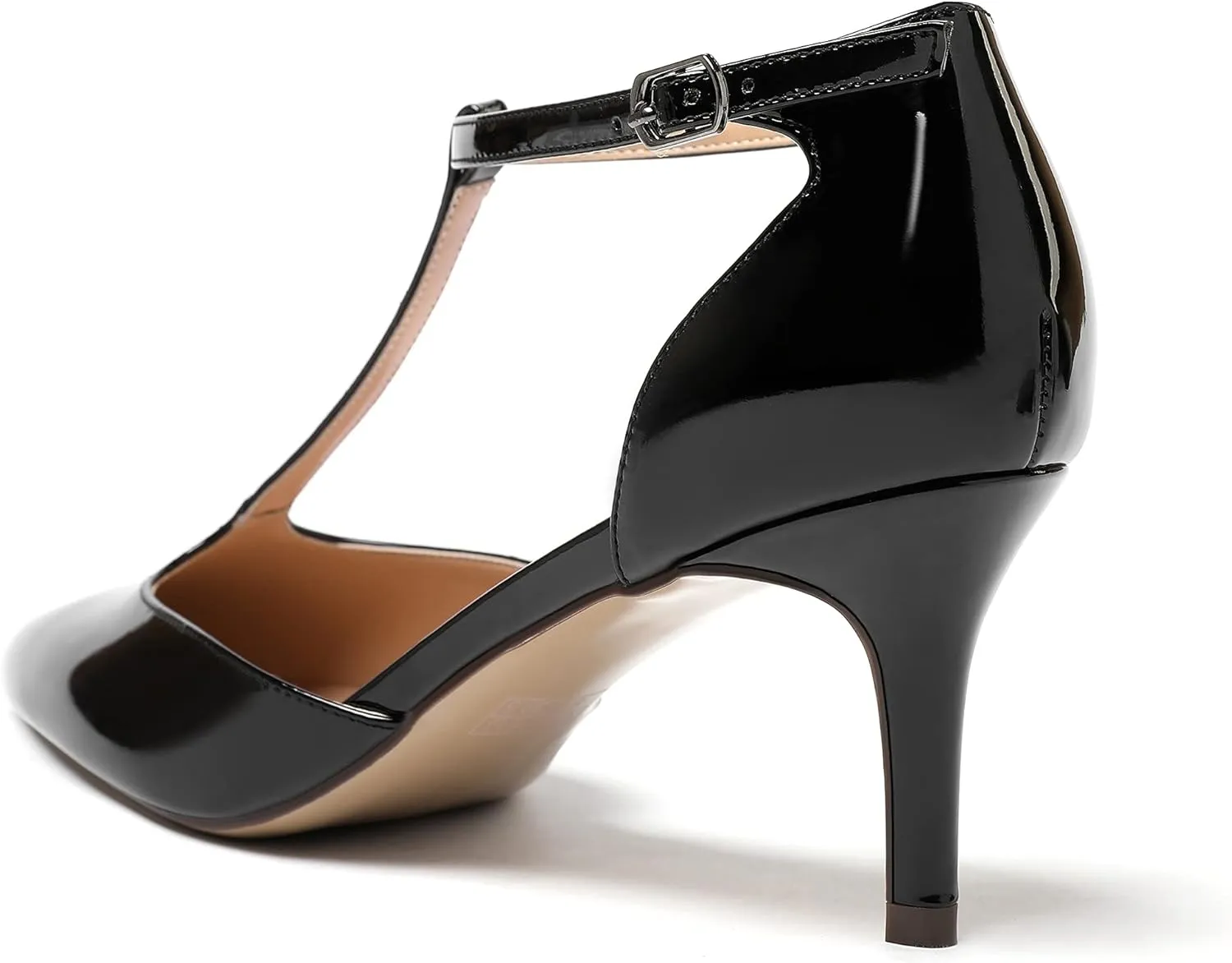 Eldof Womens Kitten Heel Pumps T-Strap Ankle Buckle Pumps2.6 Pointed Toe Classic Office Dress Heels