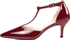 Eldof Womens Kitten Heel Pumps T-Strap Ankle Buckle Pumps2.6 Pointed Toe Classic Office Dress Heels