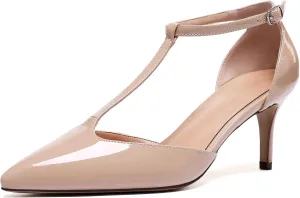 Eldof Womens Kitten Heel Pumps T-Strap Ankle Buckle Pumps2.6 Pointed Toe Classic Office Dress Heels