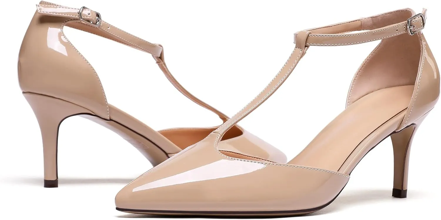 Eldof Womens Kitten Heel Pumps T-Strap Ankle Buckle Pumps2.6 Pointed Toe Classic Office Dress Heels