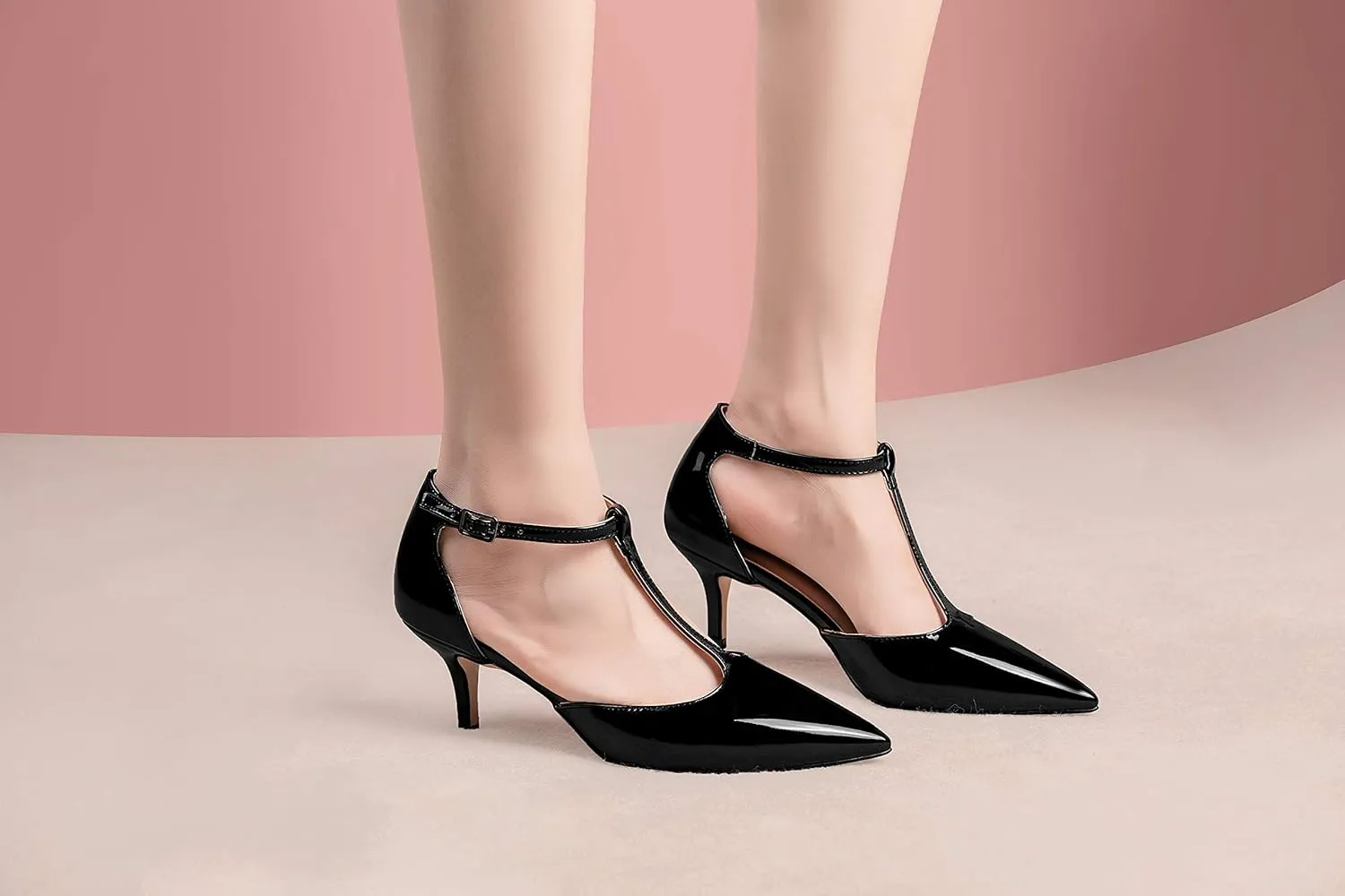 Eldof Womens Kitten Heel Pumps T-Strap Ankle Buckle Pumps2.6 Pointed Toe Classic Office Dress Heels