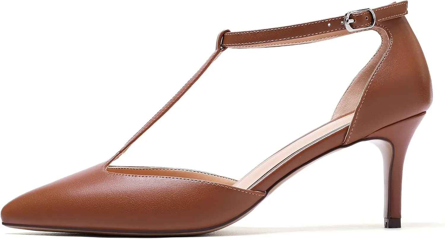 Eldof Womens Kitten Heel Pumps T-Strap Ankle Buckle Pumps2.6 Pointed Toe Classic Office Dress Heels