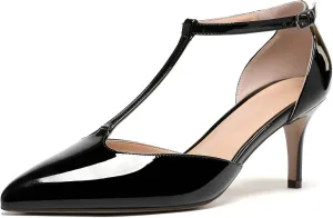 Eldof Womens Kitten Heel Pumps T-Strap Ankle Buckle Pumps2.6 Pointed Toe Classic Office Dress Heels